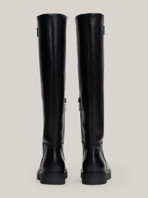 black leather cleat knee-high boots for women tommy jeans