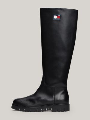 black leather cleat knee-high boots for women tommy jeans