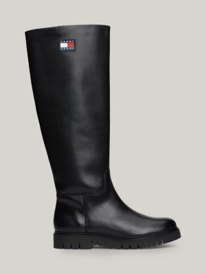 black leather cleat knee-high boots for women tommy jeans