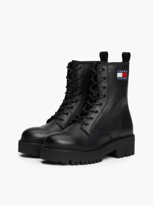 black leather cleat chunky sole lace-up boots for women tommy jeans