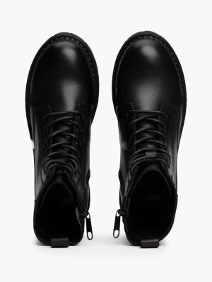 black leather cleat chunky sole lace-up boots for women tommy jeans