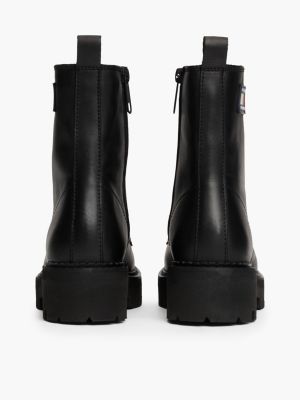 black leather cleat chunky sole lace-up boots for women tommy jeans