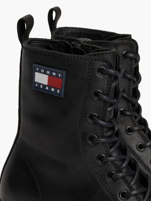 black leather cleat chunky sole lace-up boots for women tommy jeans