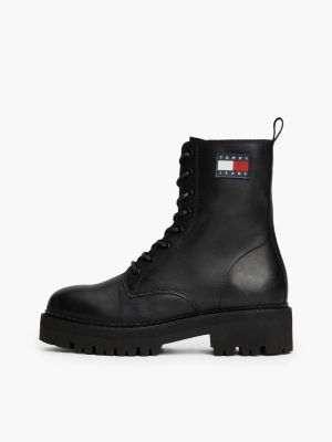 black leather cleat chunky sole lace-up boots for women tommy jeans