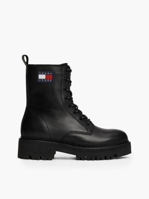 black leather cleat chunky sole lace-up boots for women tommy jeans