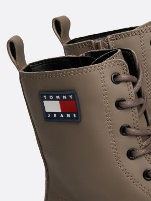 beige leather cleat chunky sole lace-up boots for women tommy jeans