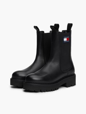 black rubberised logo leather cleat chelsea boots for women tommy jeans