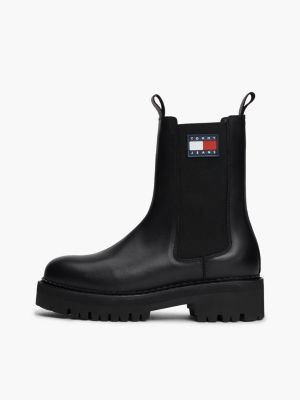 black rubberised logo leather cleat chelsea boots for women tommy jeans