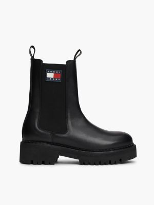 black rubberised logo leather cleat chelsea boots for women tommy jeans