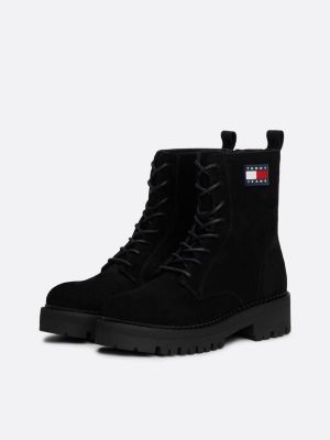 black suede lace-up cleat mid boots for women tommy jeans