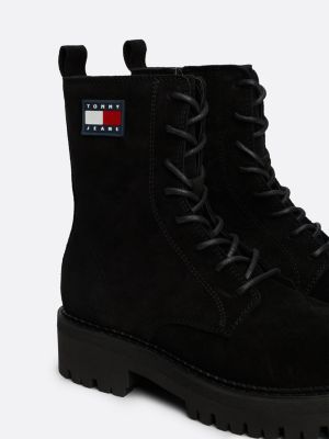 black suede lace-up cleat mid boots for women tommy jeans