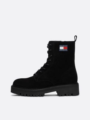 black suede lace-up cleat mid boots for women tommy jeans