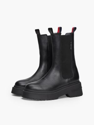 black leather cleat mid chelsea boots for women tommy jeans