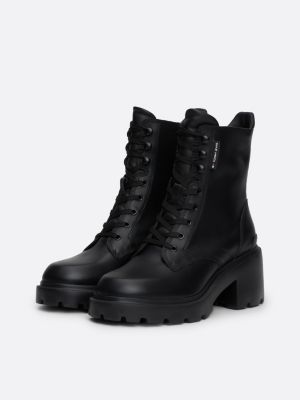 black leather cleat block heel lace-up boots for women tommy jeans