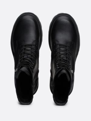 black leather cleat block heel lace-up boots for women tommy jeans