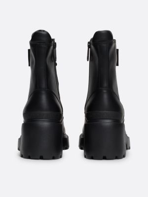 black leather cleat block heel lace-up boots for women tommy jeans