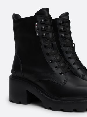 black leather cleat block heel lace-up boots for women tommy jeans