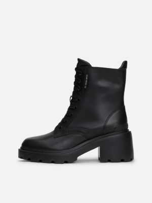 black leather cleat block heel lace-up boots for women tommy jeans