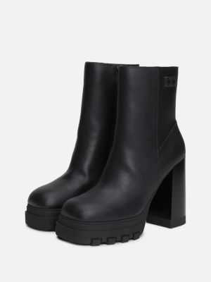 black leather cleat block heel mid boots for women tommy jeans