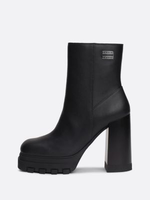 black leather cleat block heel mid boots for women tommy jeans