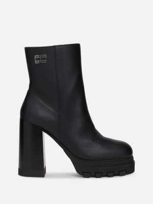 black leather cleat block heel mid boots for women tommy jeans