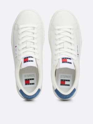 white denim heel leather cupsole trainers for women tommy jeans