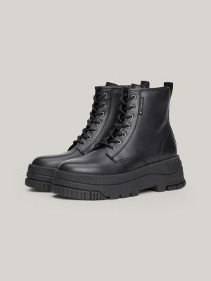 bottines en cuir à semelle crantée et lacets noir pour femmes tommy jeans