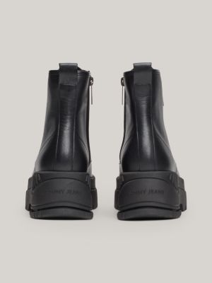 black leather cleat flatform lace-up boots for women tommy jeans