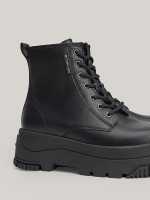 black leather cleat flatform lace-up boots for women tommy jeans