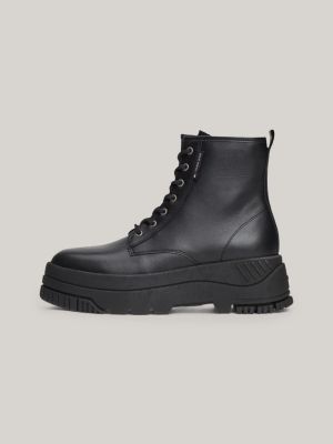 black leather cleat flatform lace-up boots for women tommy jeans