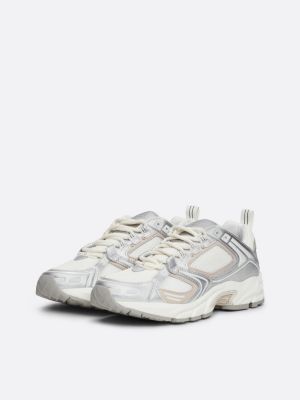 white metallic runner trainers for women tommy jeans