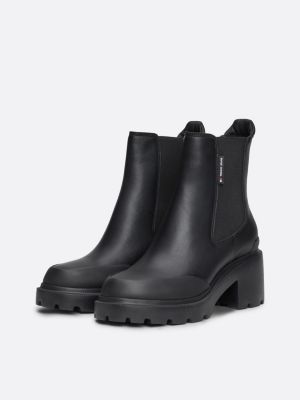 black leather cleat block heel chelsea boots for women tommy jeans