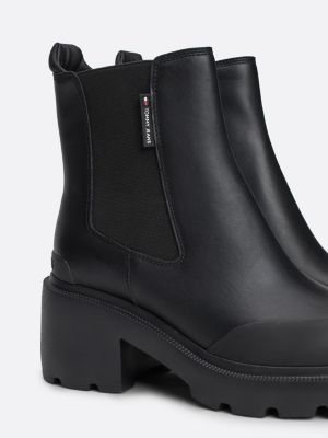 black leather cleat block heel chelsea boots for women tommy jeans