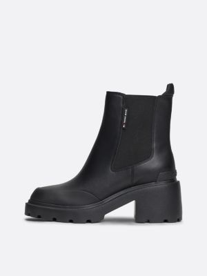 black leather cleat block heel chelsea boots for women tommy jeans