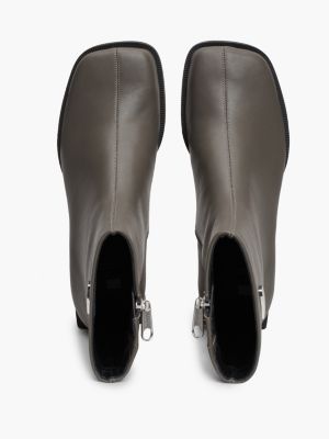 grey leather square toe ankle boots for women tommy jeans