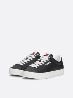 black leather metallic heel cupsole trainers for women tommy jeans