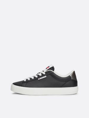 black leather metallic heel cupsole trainers for women tommy jeans