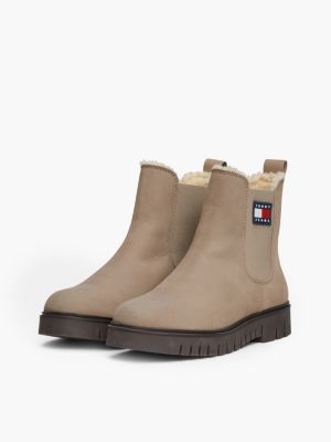 beige warm lined leather cleat chelsea boots for women tommy jeans