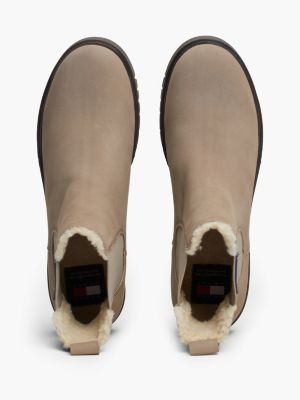 beige warm lined leather cleat chelsea boots for women tommy jeans