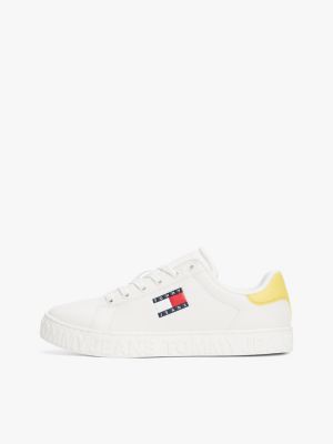 yellow logo embossed contrast trainers for women tommy jeans