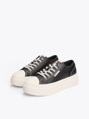 black leather contrast stitch platform trainers for women tommy jeans