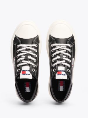 black leather contrast stitch platform trainers for women tommy jeans