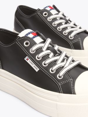 black leather contrast stitch platform trainers for women tommy jeans