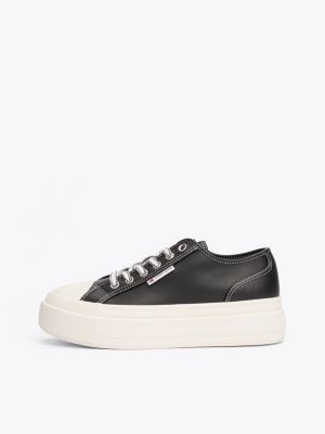 black leather contrast stitch platform trainers for women tommy jeans