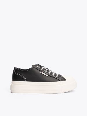 black leren sneaker met plateauzool voor dames - tommy jeans