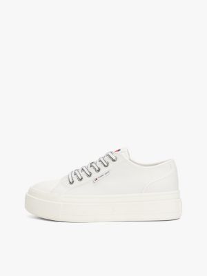 white leather contrast stitch flatform trainers for women tommy jeans