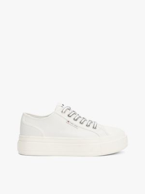 white leather contrast stitch flatform trainers for women tommy jeans