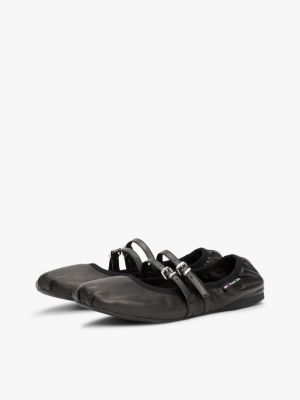 black leather buckle strap ballerinas for women tommy jeans