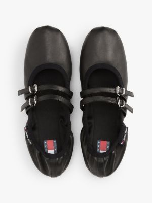 black leather buckle strap ballerinas for women tommy jeans