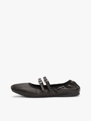 black leather buckle strap ballerinas for women tommy jeans